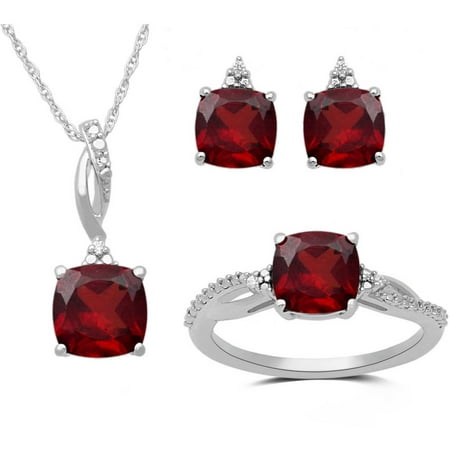 Genuine Garnet and White CZ Sterling Silver Ring, Pendant and Earring Box Set