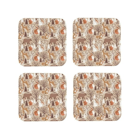 

Junzan Woodland Animals in Neutral Tones Print Coasters for Drinks - Leather Coasters Set of 4 for Coffee Table for Housewarming/Kitchen/Bar/Decor-Square