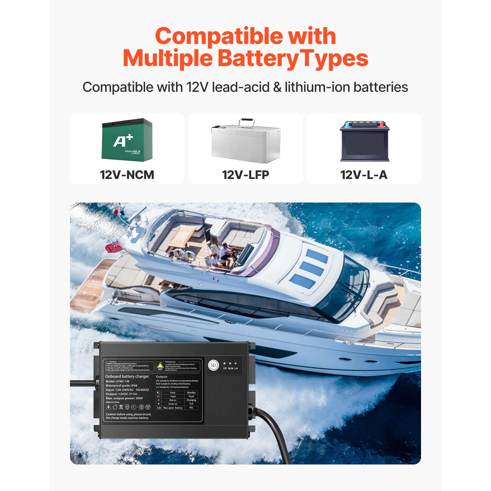 KFFKFF 1-Bank 5A 12V Onboard Marine Battery Charger, IP68 Waterproof Smart Charger for Lithium-Ion (LiFePO4), NCM, and Lead-Acid Batteries, Suitable for Boats, Yachts, RVs, and Trailers
