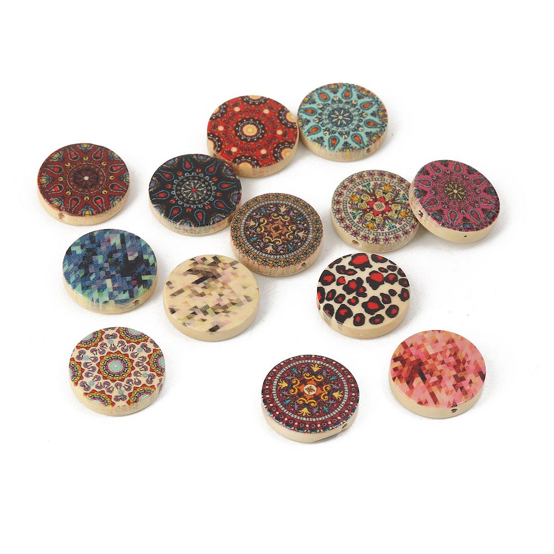 60 Mixed Patterns Flat Round Wood Beads 20mm x 4.6mm with 1.8mm Hole