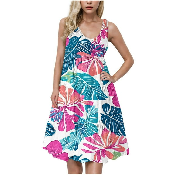 Dvprdro Womens Sundress Summer Fashion Floral Printed Crew Neck Sleeveless Pleated Flowy Boho A Line Tank Casual Loose Beach Mini Dress