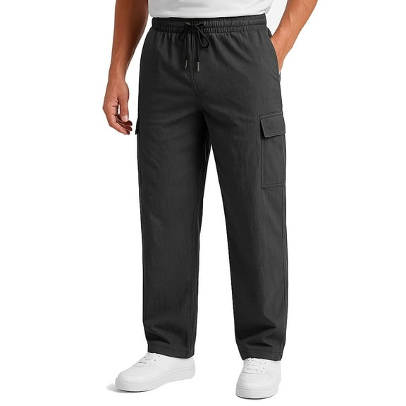 ASUDESIRE Men's Woven Twill Casual Cargo Pants Straight Leg Elastic Waistband Drawstring with 4 Pockets
