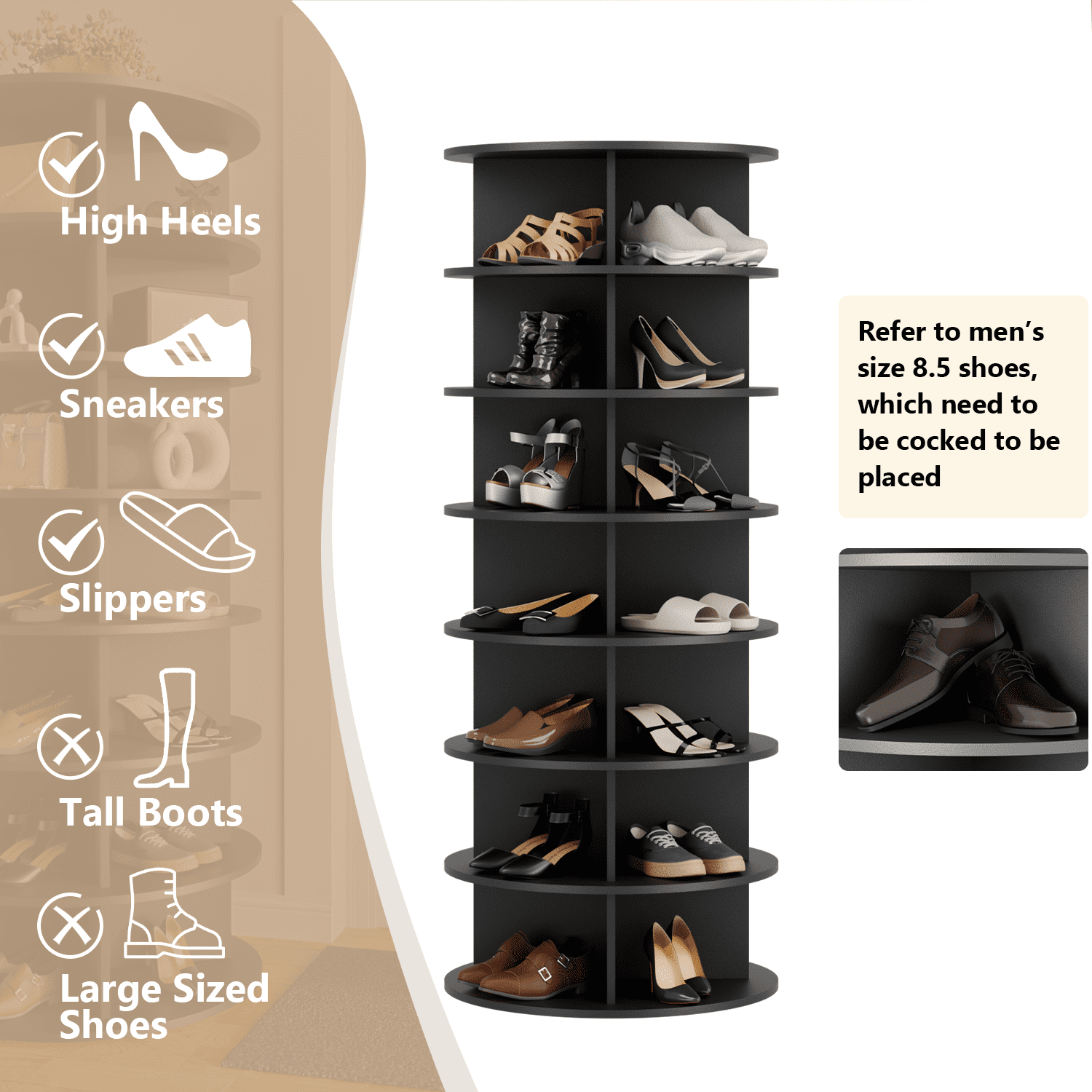 Waleaf 7 Tier Rotating Shoe Rack Tower, 360° Spinning Shoe Display Lazy Susan, Free Standing Shoe Organizer, Black