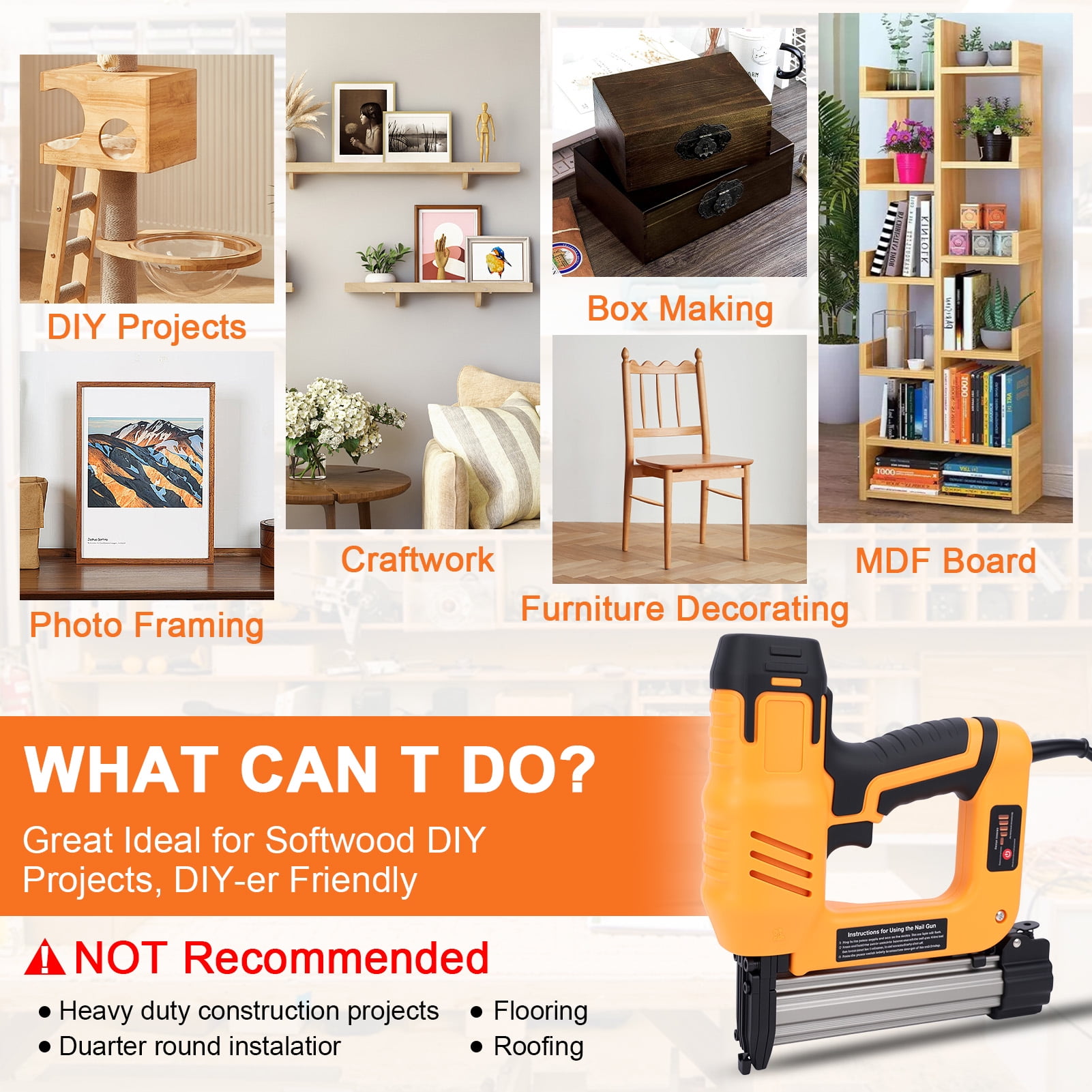 18GA 2-in-1 Electric Brad Nailer/Stapler,4 Level Adjustable Electric Nail Gun Gun for Upholstery, Carpentry and Woodworking Projects