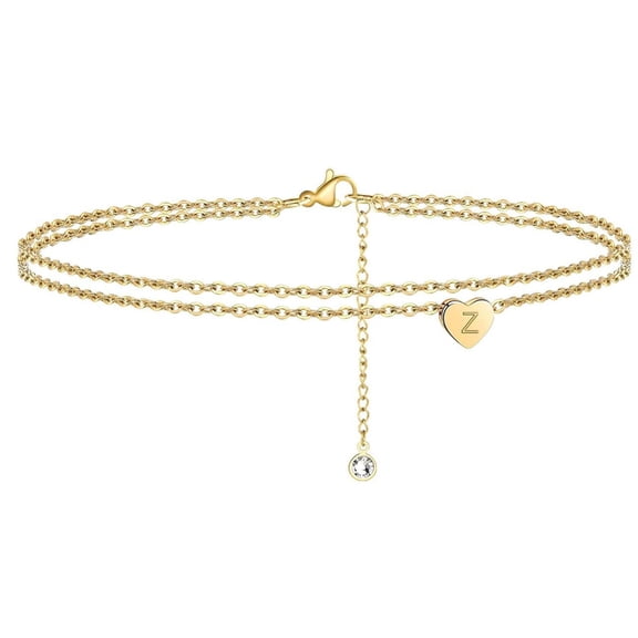 PONPRNGY Ankle Bracelets for Women, Gold Plated Dainty Layered Heart Initial Anklets for Women Gifts