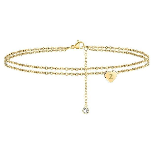 Pulseras para mujer, regalos para mujer 2022, nuevas pulseras de playa con inicial de corazón para mujer, delicada tobillera en capas bañada en oro de 14 quilates, pulseras de corazón con inicial de l
