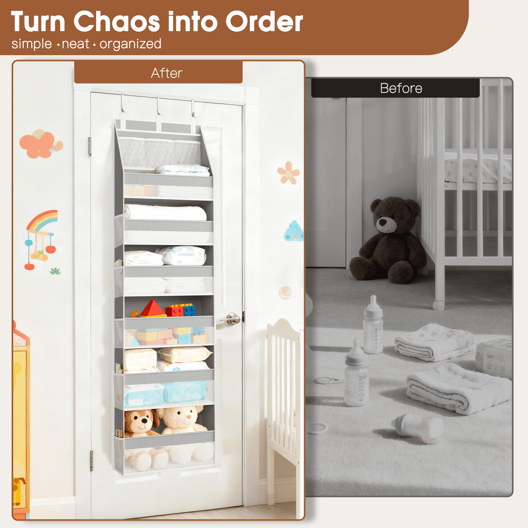 Criusia Over the Door Organizer  for baby ,  6-Shelf  Thickened non-woven fabric Closet Hanging Storage, 3 Pcs upgrade hooks, 55lbs Capacity, Gray