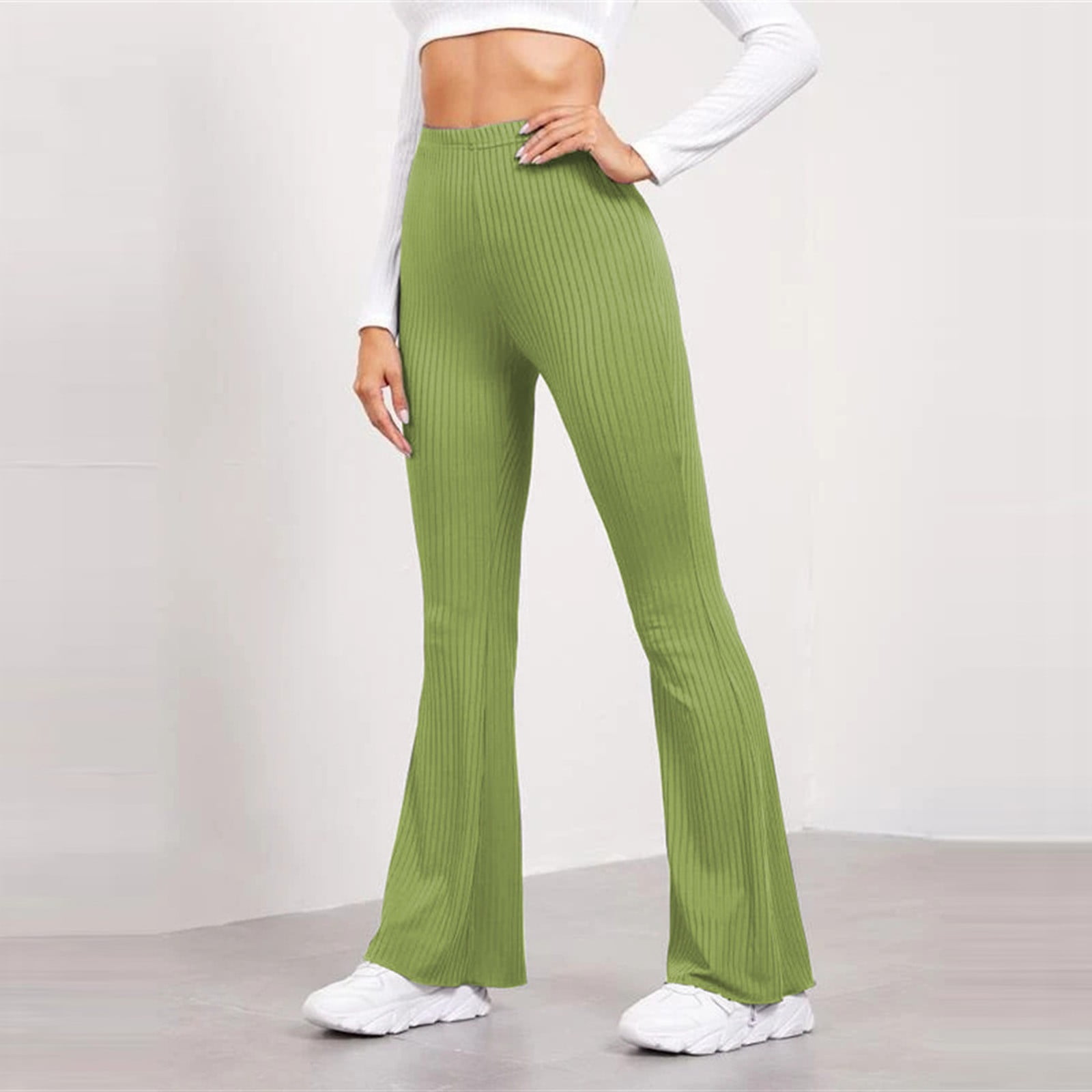JWZUY Flare Pant Ribbed Knit Pants for Women Bootcut High Waisted Leggings  Workout Stretch Pants Green M