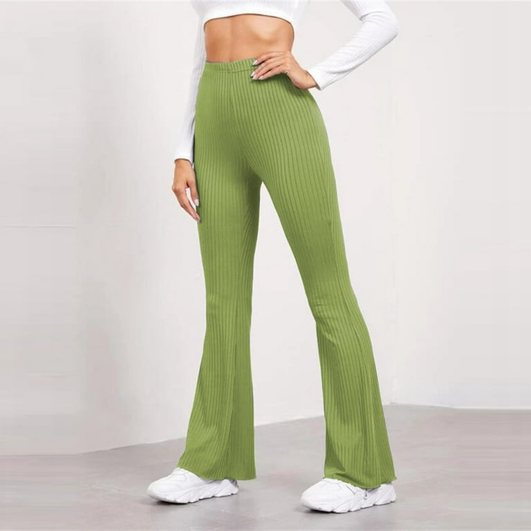 RYRJJ Women's High Waist Ribbed Flare Leggings Stretchy Soft Comfy Wide Leg  Bootleg Trousers Bell Bottom Bootcut Yoga Pants(Green,L) 
