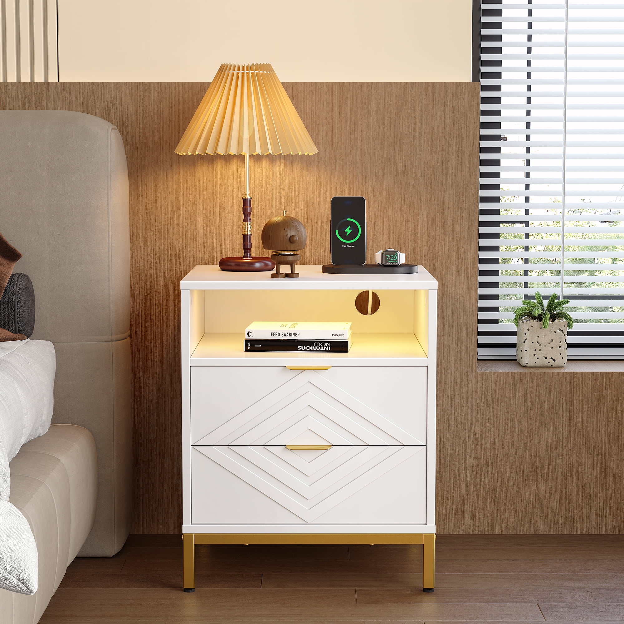 MARNUR LED Nightstand with 2 Drawers, Charging Station, White Modern Night Table High Gloss End Side Table for Bedroom