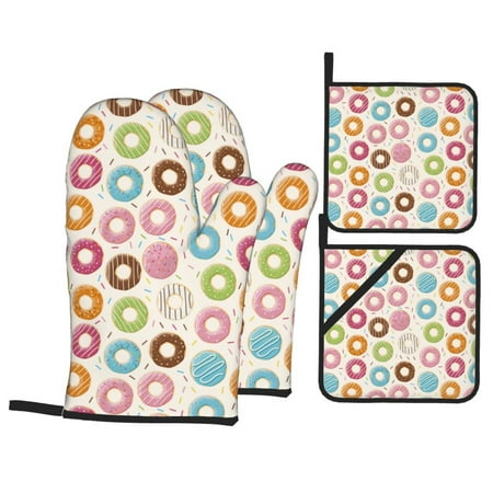 

Oven Mitts and Pot Holders 4 pcs Set Colorful donuts C Heat Resistant Pot Holders Oven Mitts for kitchen Non-Slip Hanging Loop Oven Glove Potholders for Baking Cooking