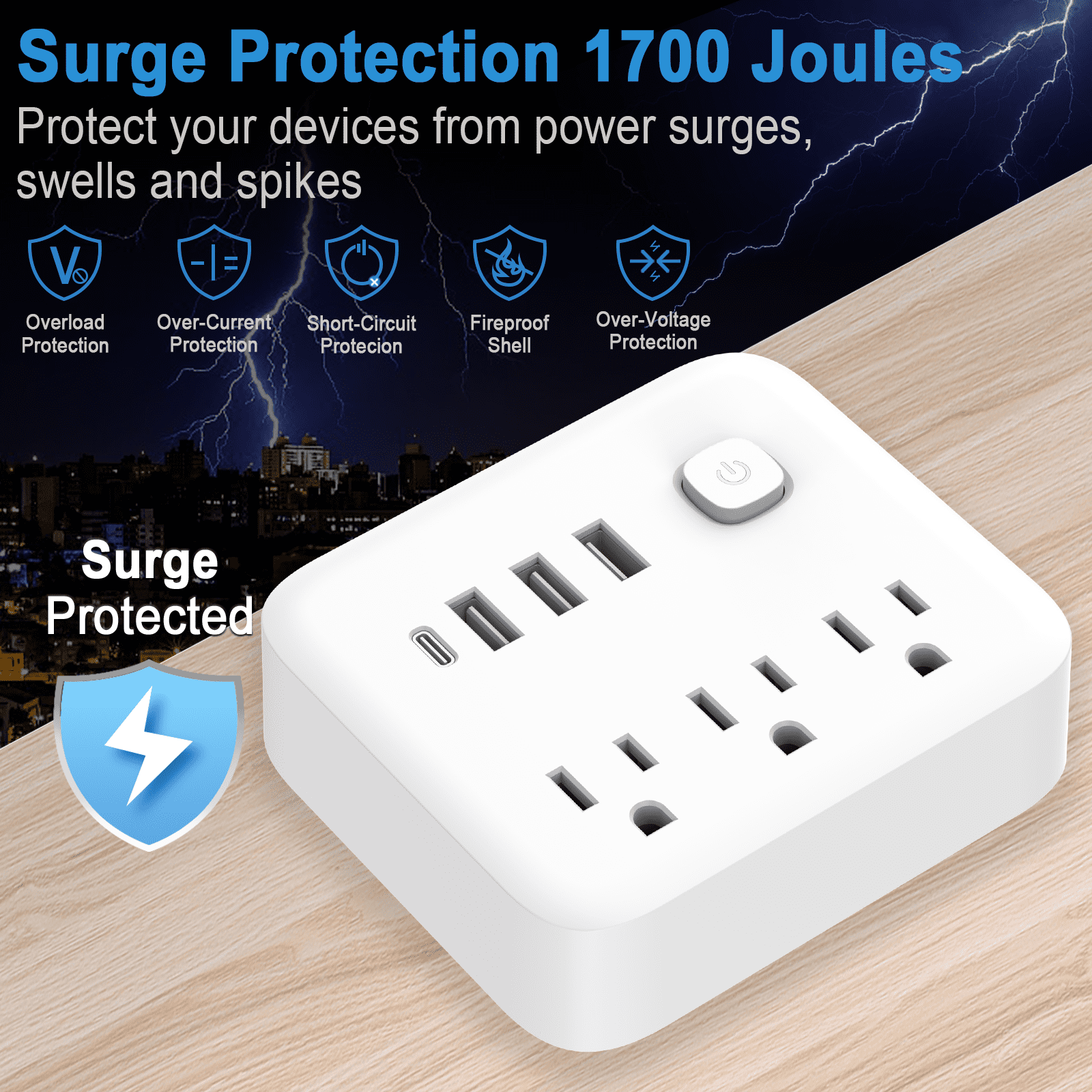 USB Outlet Extender Surge Protector - Multi Plug Outlet with Rotating Plug, 3-Sided Swivel Power Strip with 3 AC Spaced Outlet Splitter and 3 USB Ports (1 USB C) for Travel, Home, Office,ETL（White）