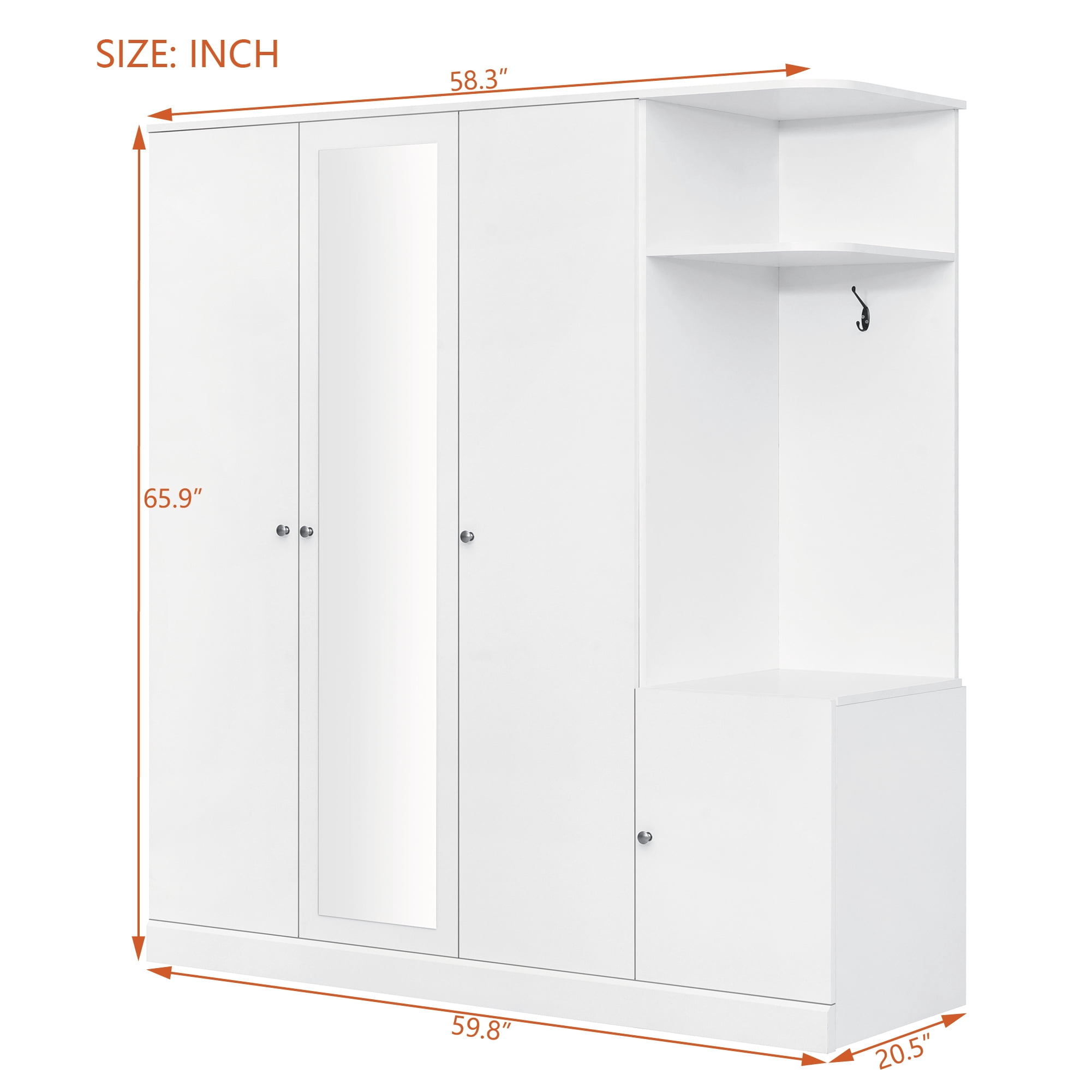 Euroco 4 Door Wardrobe with Drawers and Shelves, Wood Armoire with Mirror and Shelves, White
