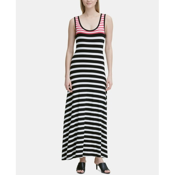 Calvin Klein Sleeveless Striped Maxi Dress White/Black/Watermelon XS