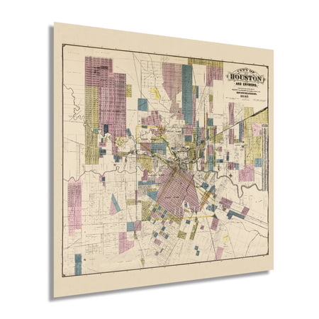 HISTORIX 1895 Houston City and Environs Map Vintage Poster Wall Art Print, 24 x 24 Inch