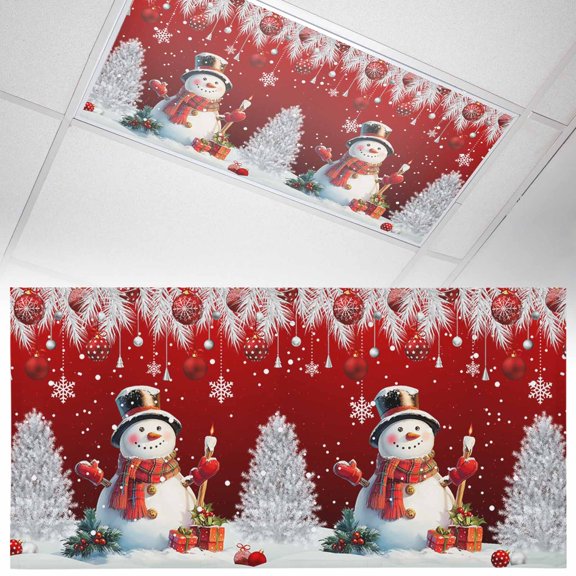 Ceiling Light Cover for Classroom, Red Christmas Magnetic Fluorescent Light Covers Filter for School,Office, 2X4 FT, Pack of 1, Snowman Xmas Balls Snowflakes Pine Branch