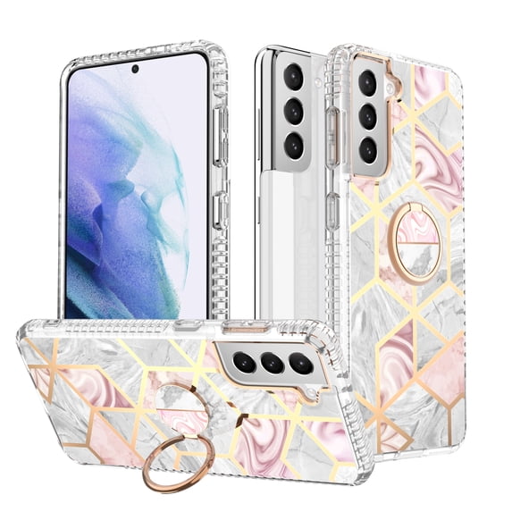 Case for Samsung Galaxy S21 Plus, Slim Marble Design with Rotatable Ring Holder Kickstand Soft Bumper Protective Cover