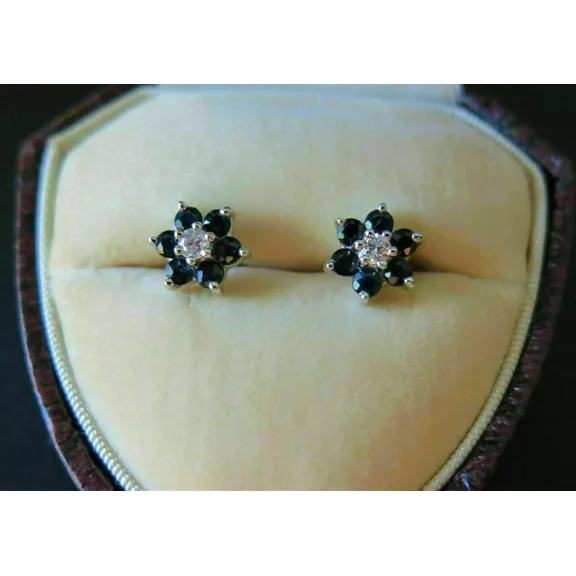 1.52 Ct Round Blue CZ Sapphire Flower Stud Earrings, 14K White Gold Plated Sterling Silver