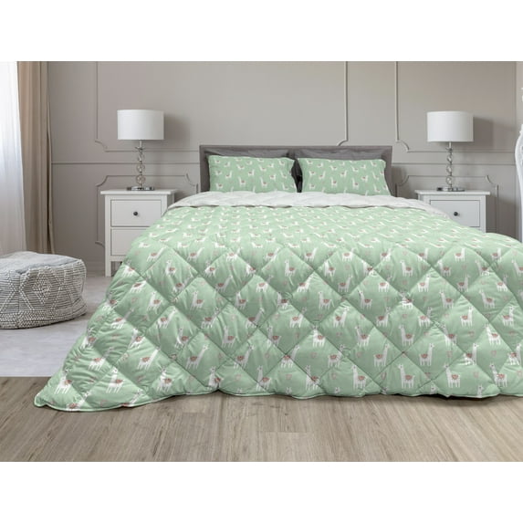 Llama Comforter & Sham Bedding Set, Candy Cane Hearts Fun Pattern on Pastel Background, 3 pcs Duvet Set Microfiber Filling Quilt, 5 Sizes, Mint Green Multicolor, by Ambesonne