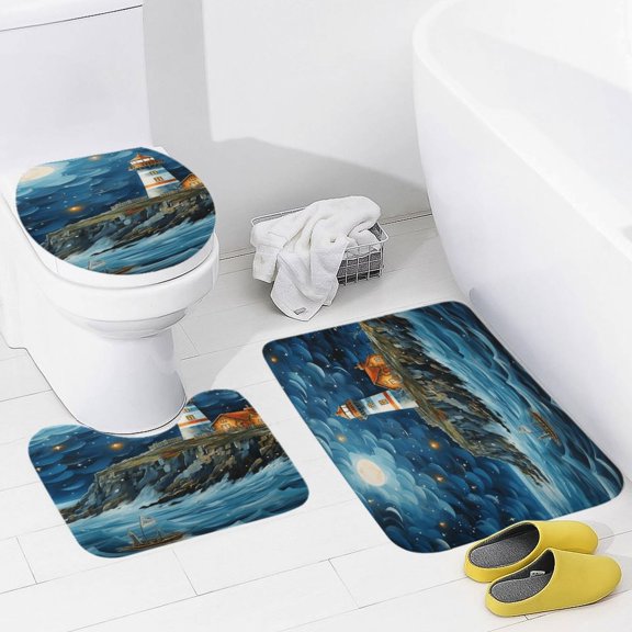 Lighthouse Sunrise Coast Scenery Pale Blue Tan 3 Pieces Bath Mats Set, Non-Slip Washable Cover Floor Rug Decorations for Kitchen Bathroom Bedroom