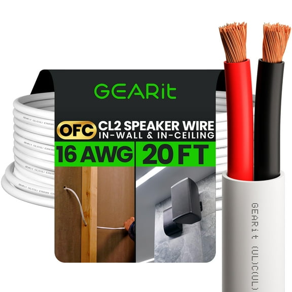 GEARit 16/2 Speaker Wire (20 Feet) 16AWG Gauge - Fire Safety in Wall Rated Audio Speaker Wire Cable / CL2 Rated / 2 Conductors - OFC Oxygen-Free Copper, White 20ft