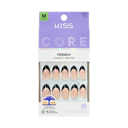 Kiss Core French Tip Press On Nails Almond  ‘Full of Fun’  Black  Medium  32 Count