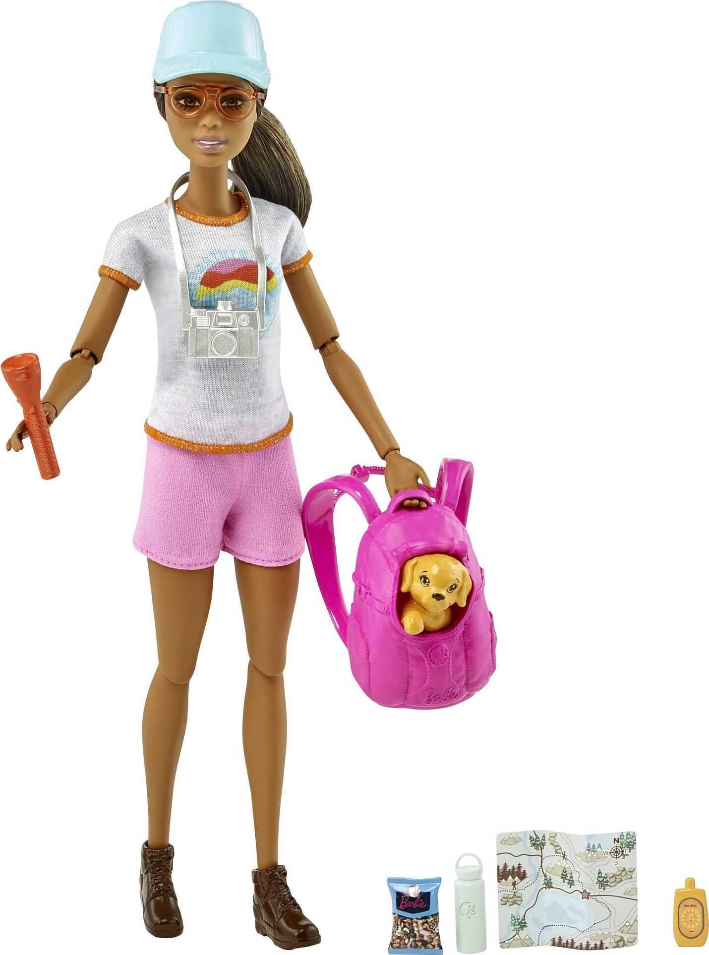 Barbie Self-Care Posable Doll, Brunette Hiking Doll with Puppy and Accessories