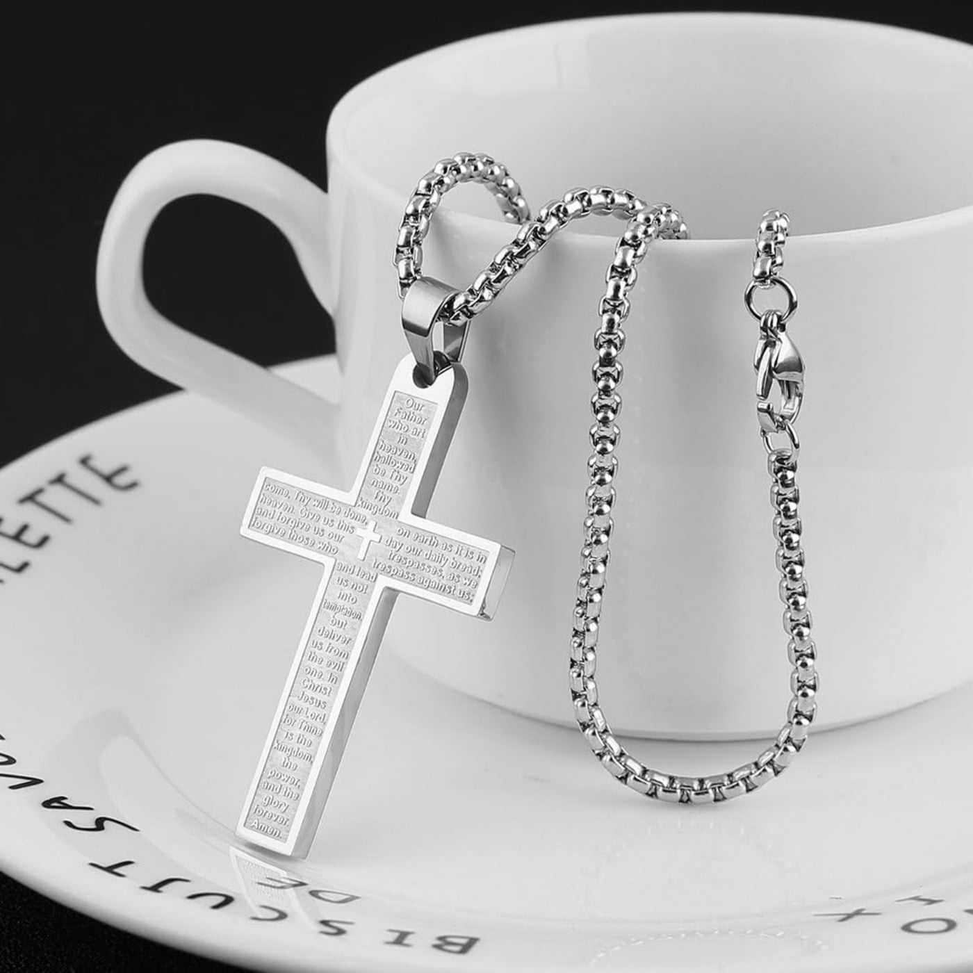 Celvieroot Stainless Steel Mens Womens Cross Necklace Lord's Prayer Pendant, 4 Colors Available