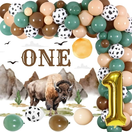 Bison Themed 1st Birthday Party Decorations, Bison ONE Backdrop Cow Brown Green Balloon Garland Arch Kit for Boy First Wild Buffalo Animal Western Farm theme Birthday Supplies