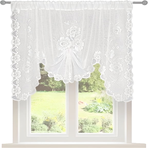 AUQ White Semi-Sheer Floral Lace Curtain Swag for Kitchen Half Window Bathroom Decoration Rod Pocket,59 X 39 Inch,1 Panel