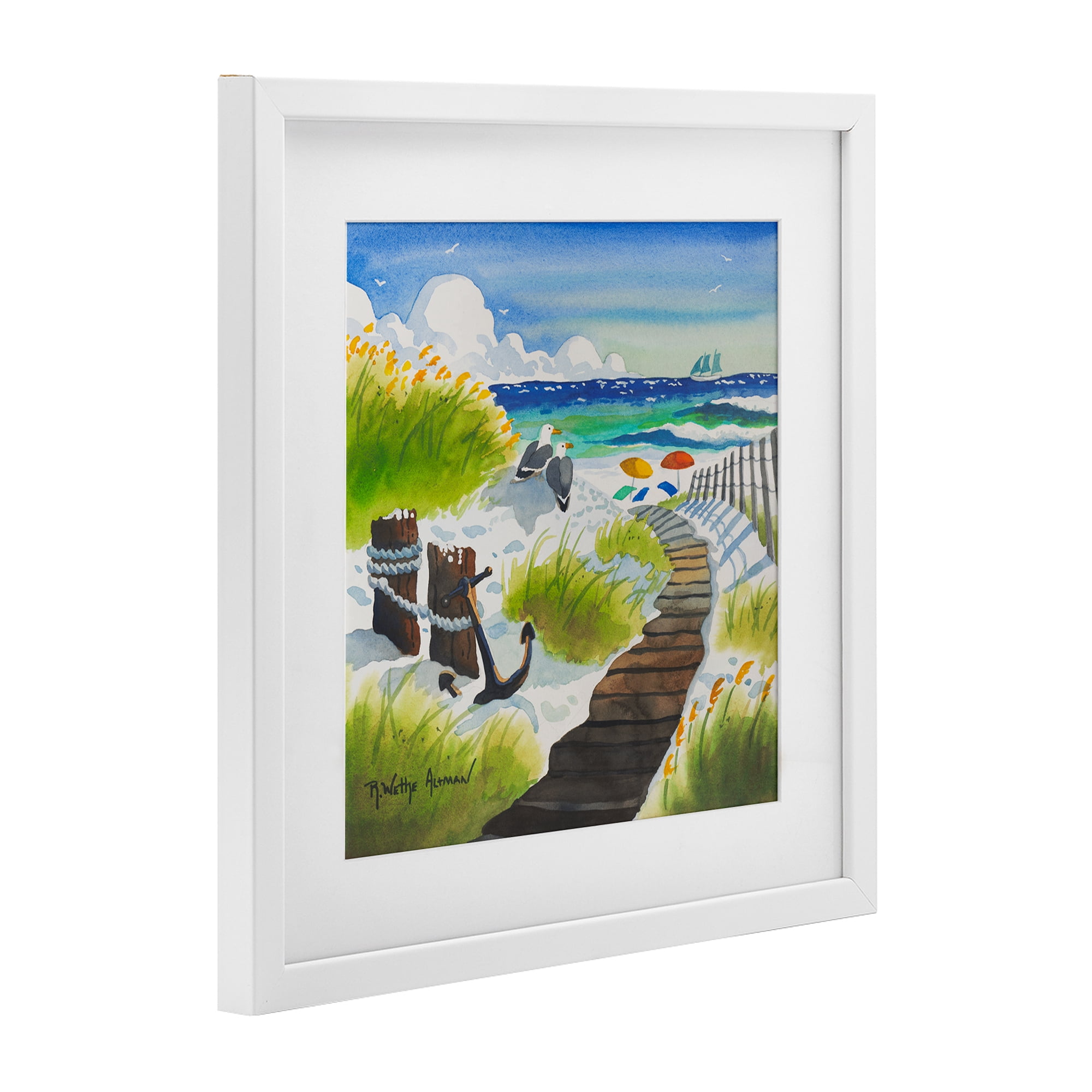 Stupell Industries Seagull & Anchor on Shore White Framed Print Under Glass, design by Robin Altman