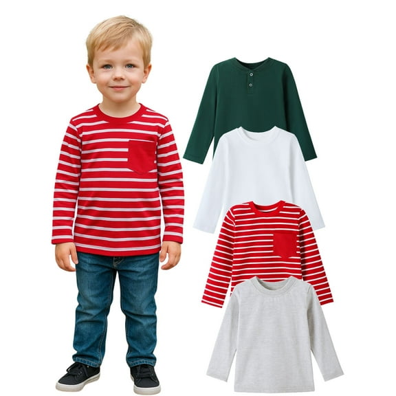 HILEELANG Toddler Boys Long Sleeve T-Shirts (18M–7Y) 4-Pack-Red Stripe Grey Green White Cotton Multipack Tops Tee Shirts size 5Y