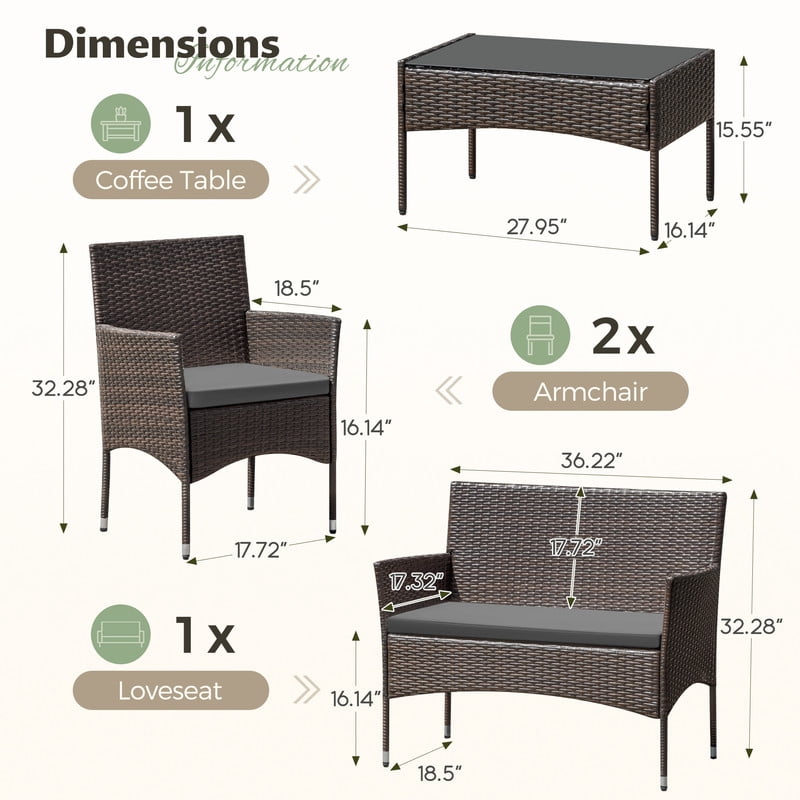 Vineego 4 4PCS Patio Furniture Set Outdoor Conversation Rattan Chairs with Cushion and Loveseat Glass Table for Garden Backyard Porch, Brown/ Gray