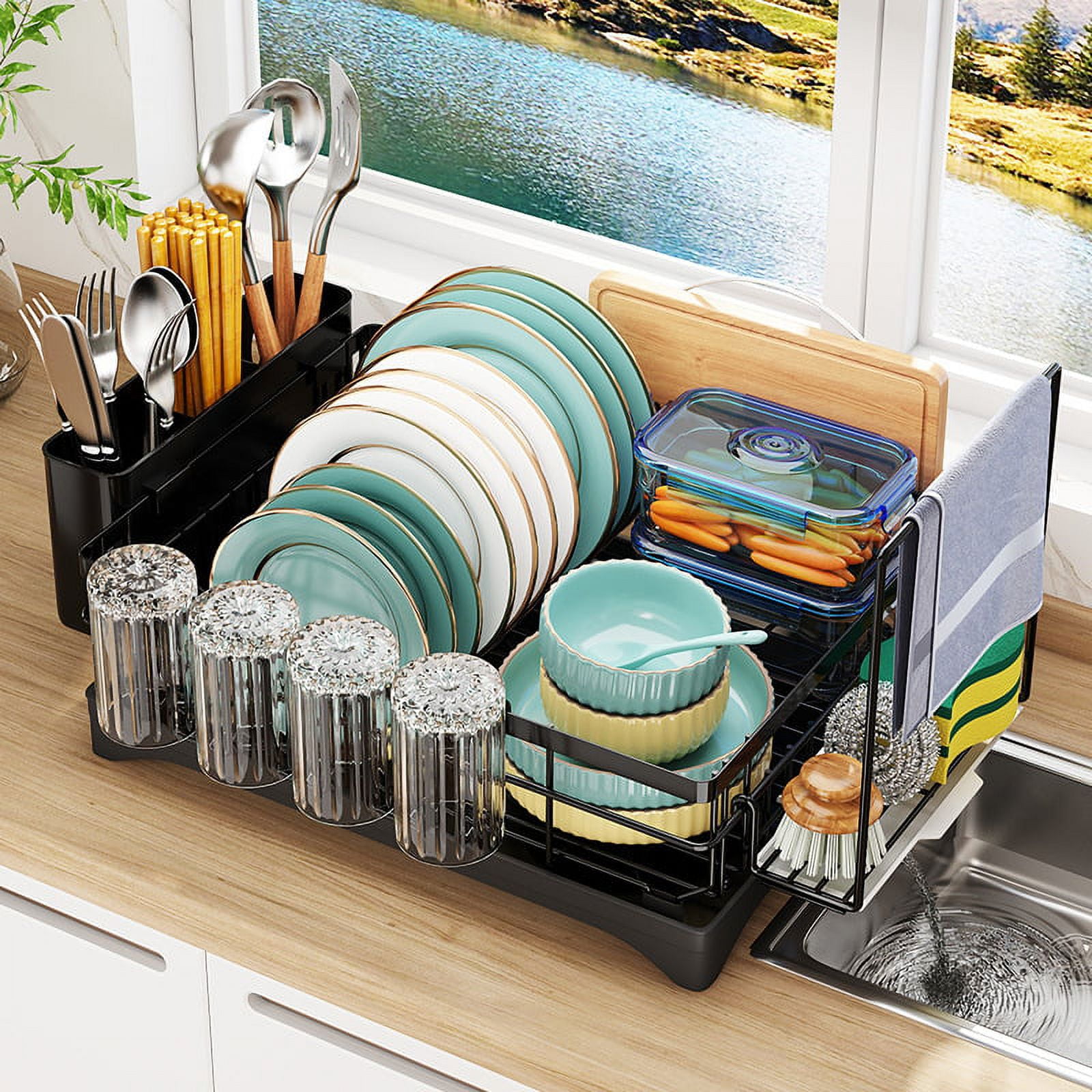 HM&DX Kitchen Counter Dish Drying Rack,Stainless Steel Dishes Drainer with  Cup Holder Utensil Holder,Space-Saving Dish Rack,Removable Plastic Drainer