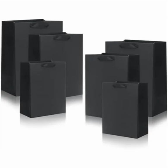 12 Pack Black Gift Bags with Ribbon Handles, Kraft Paper Gift Bags with Tissue Paper 3 Different Sizes in 8.5", 10" and 13" for Party Favor, Wedding, Retail, Business, Graduations