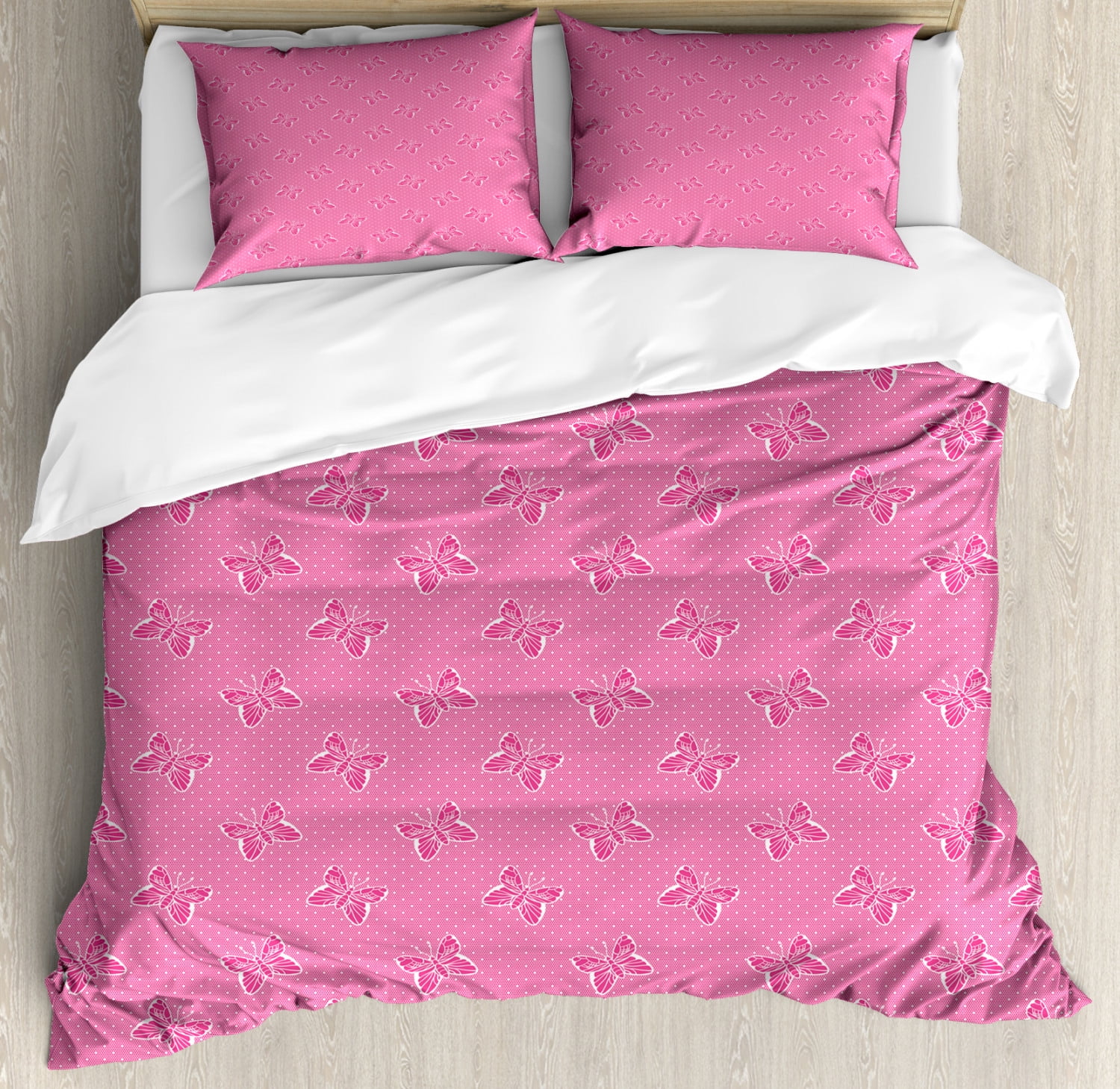 Pink Polka Dots Duvet Cover Set Queen Size, Spots and Butterflies