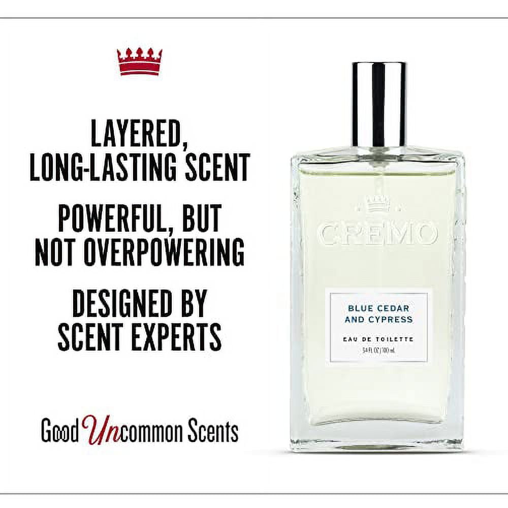 Cremo Blue Cedar & Cypress Cologne Spray, A Woodsy Scent with Notes of Lemon Leaf, Cypress and Cedar, 3.4 Fl Oz