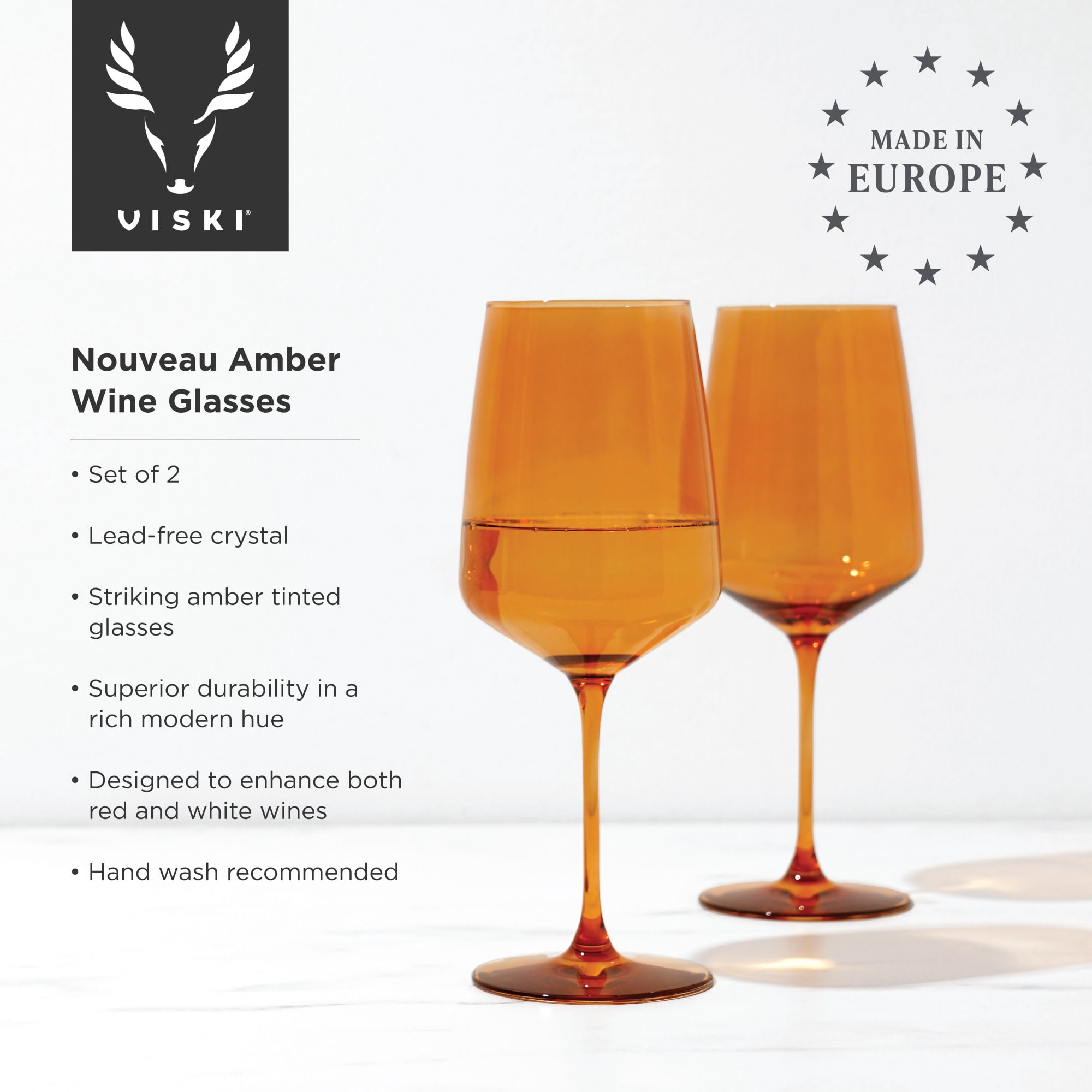 Viski Reserve Nouveau Amber Colored Drinking Glasses - Crystal Wine Glasses Colorful Glassware - 22oz Long Stem Wine Glasses Set of 2
