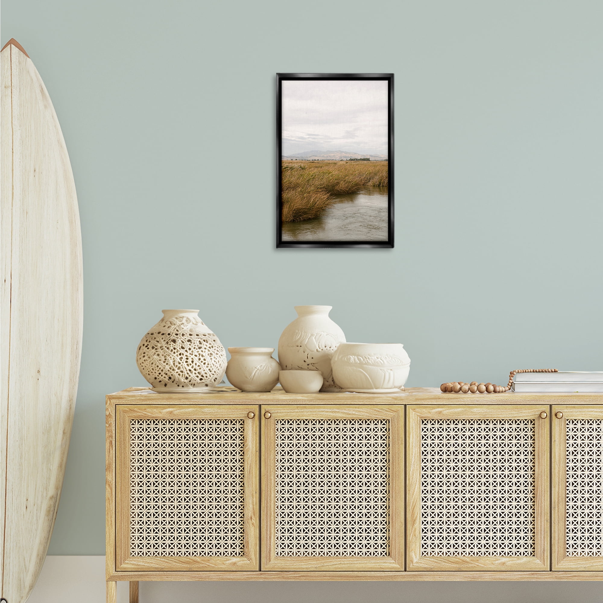 Stupell Industries Marshland with Distant Mountain Landscape & Nature Photography Black Floater Framed Canvas Art Print Wall Art, 17 x 25