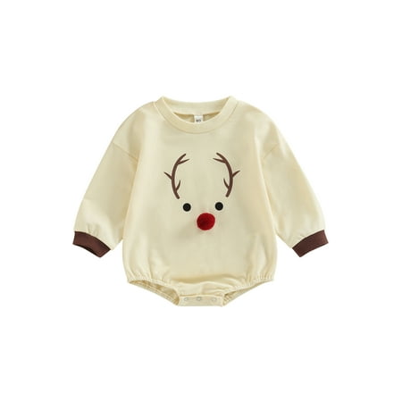 

Canrulo Newborn Baby Boy Girl Christmas Outfits Cartoon Elk Sweatshirt Romper Long Sleeve Bodysuit Jumpsuit Beige Yellow 6-12 Months