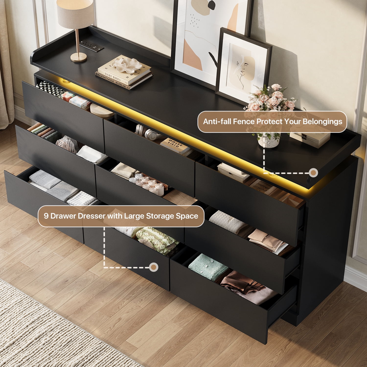BaPiPro 63-Inch Black 9 Drawer Dresser, Modern High Gloss Chest with LED Light & Glass Tabletop, Large Capacity Storage Cabinet for Bedroom or Living Room