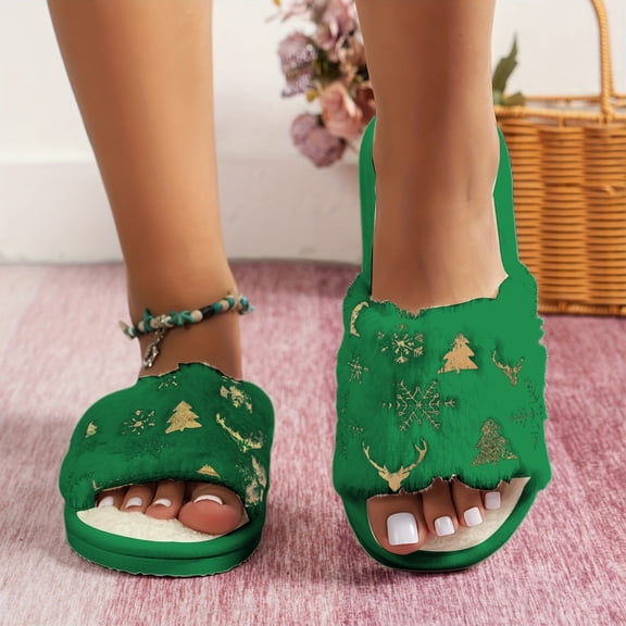 Qicasul Women's slipper Winter Christmas Warm Solid Fleece Flower Flat Bottom open toe Slippers Green US Size:7