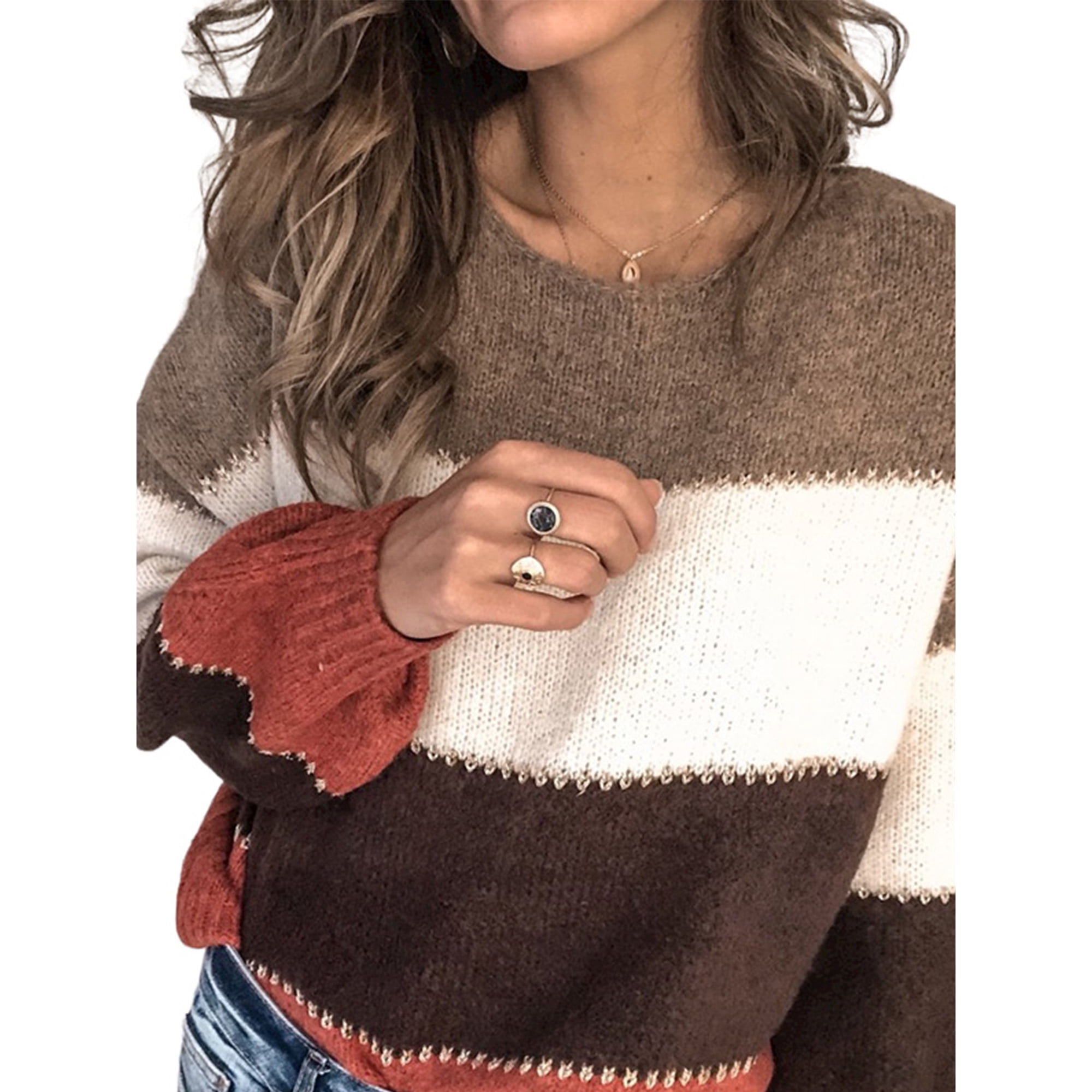 JustVH Women Streetwear Long Sleeve Striped Gingham Crew-neck Knit Jumper Sweater