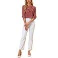 thumbnail image 3 of CURVOSPORT Women's Dressy Shirt Work Office Top Keyhole Pleated Front Ruched 3/4 Sleeve Chiffon Blouse S Carmine Red, 3 of 7