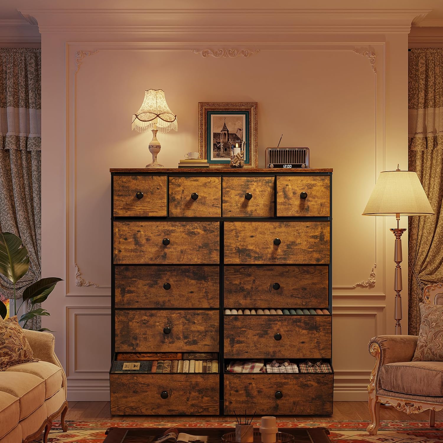 Dresser for Bedroom Tall Dresser with 12 Drawers Fabric Dressers & Chests of Drawers, Bedroom Dresser with Metal Frame, Wood Top, Entryway Living Room Closet, Rustic Brown