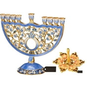 Matashi Hand Painted Blue Enamel Pomegranate Design Menorah Candelabra and Spinning Dreidel Holiday Ornaments w/