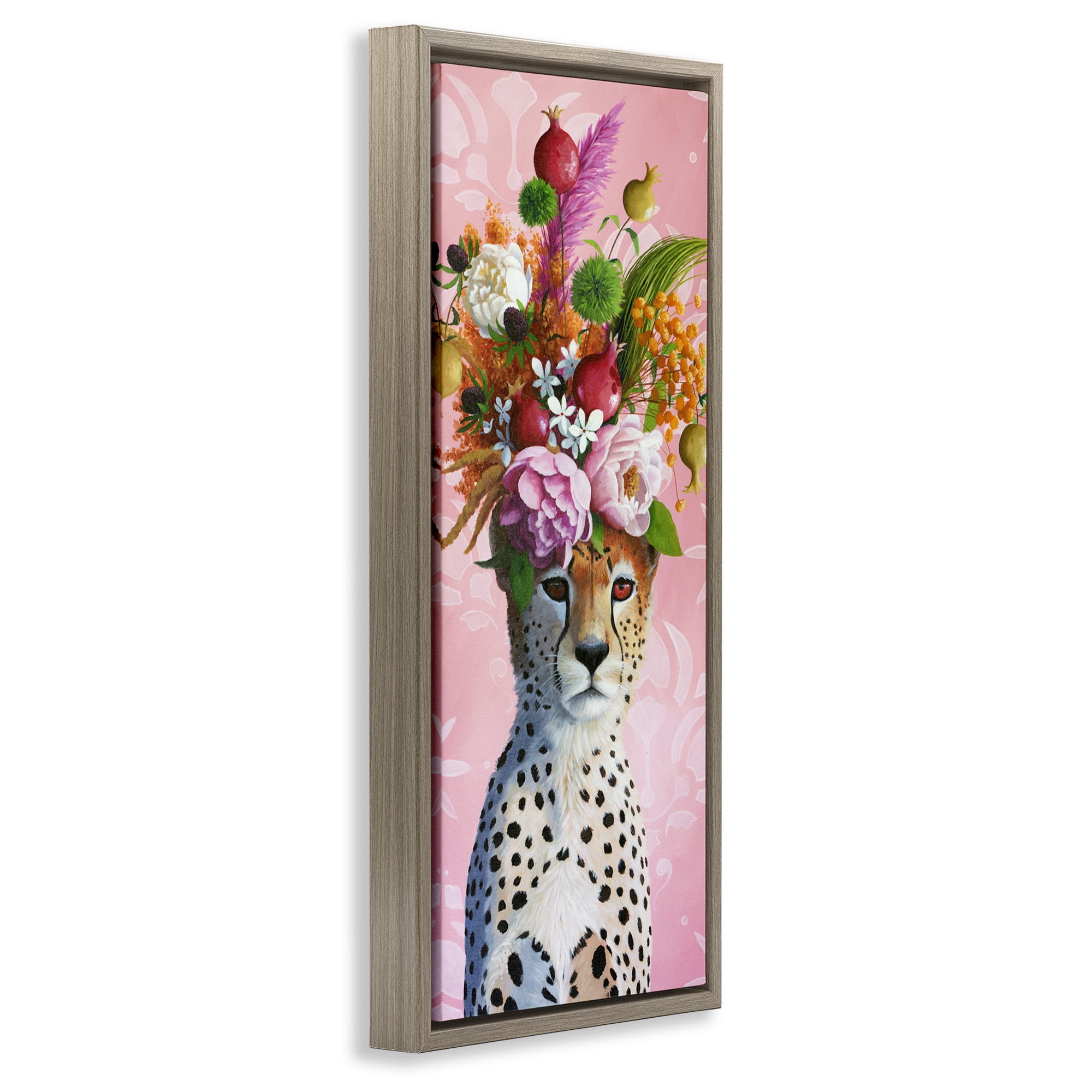 Serious Cheetah & Florals Brown Framed Floater Canvas Wall Art, design by Heather Gauthier