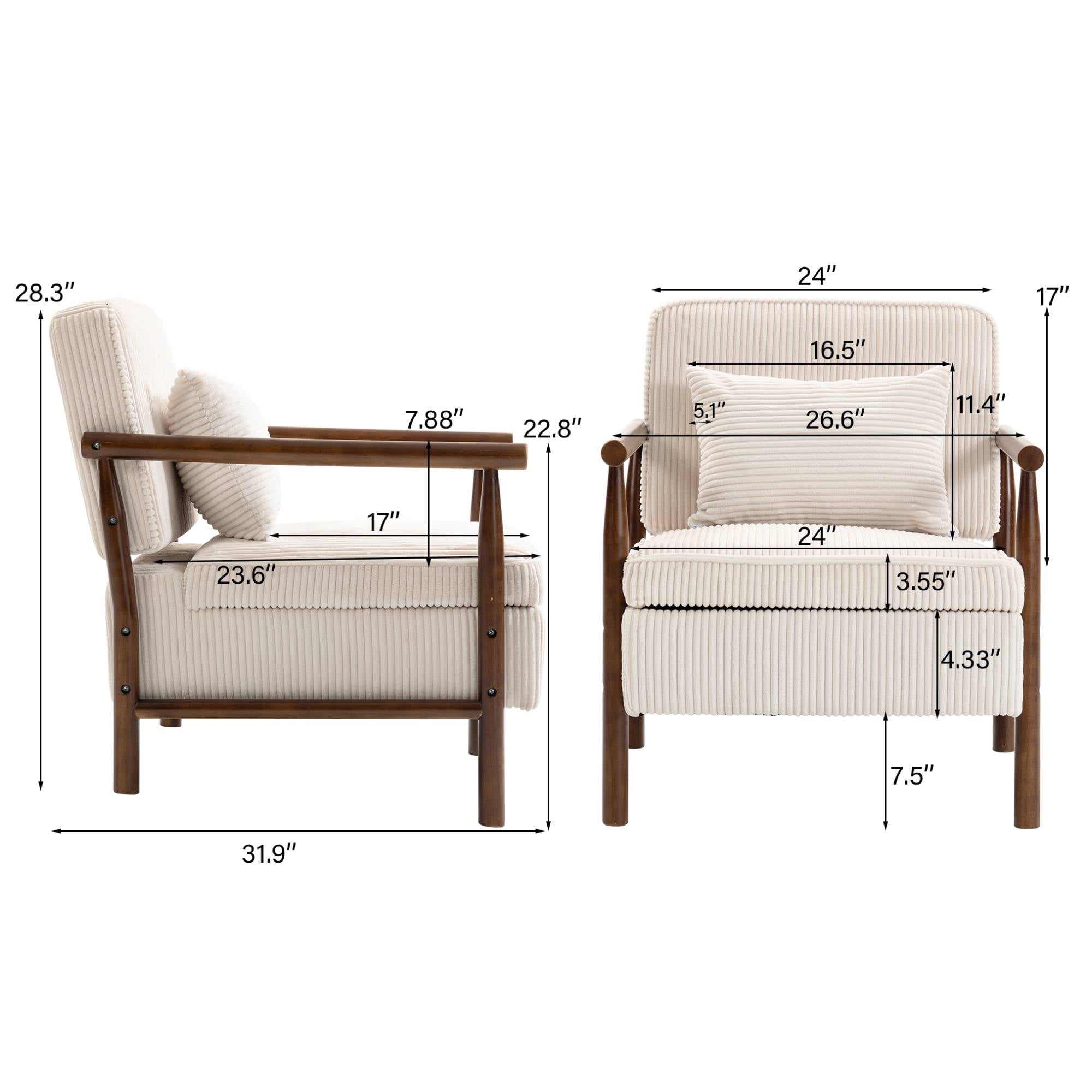 Mid-Century Accent Chair with Wood Frame, Modern Comfy Reading Armchair with Lumbar Pillow for Living Room, White