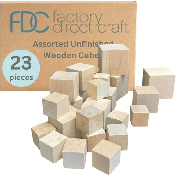 23pc Unfinished Wooden Cubes Assorted Sizes - for Crafts and Pixel Art - Factory Direct Craft