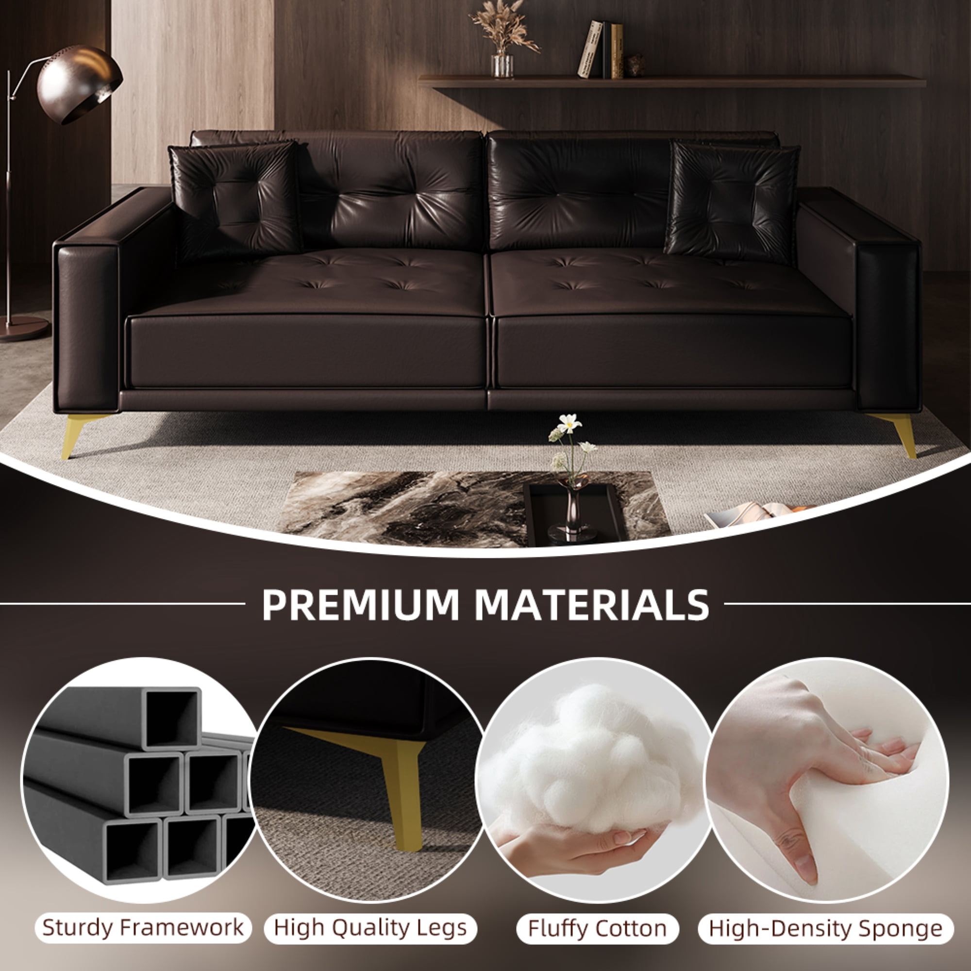 LLappuil King Size Pull Out Sofa Bed, Oversized Faux Leather 4 Seat Sofa Convertible Sleeper Sofa Bed Dark Brown